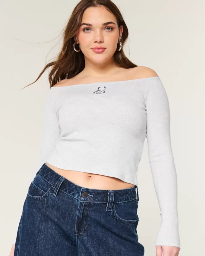 Easy Teddy Bear Graphic Off-the-Shoulder Top,Easy Teddy Bear Graphic Off-the-Shoulder Top