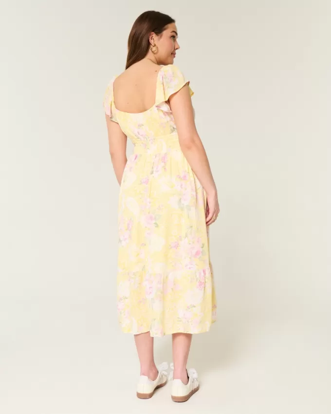 Flutter Sleeve Double-Tie Midi Dress,Flutter Sleeve Double-Tie Midi Dress