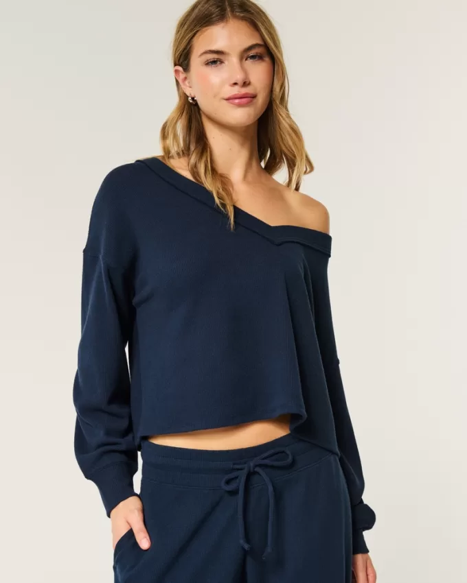 Gilly Hicks Off-the-Shoulder V-Neck Waffle Top,Gilly Hicks Off-the-Shoulder V-Neck Waffle Top