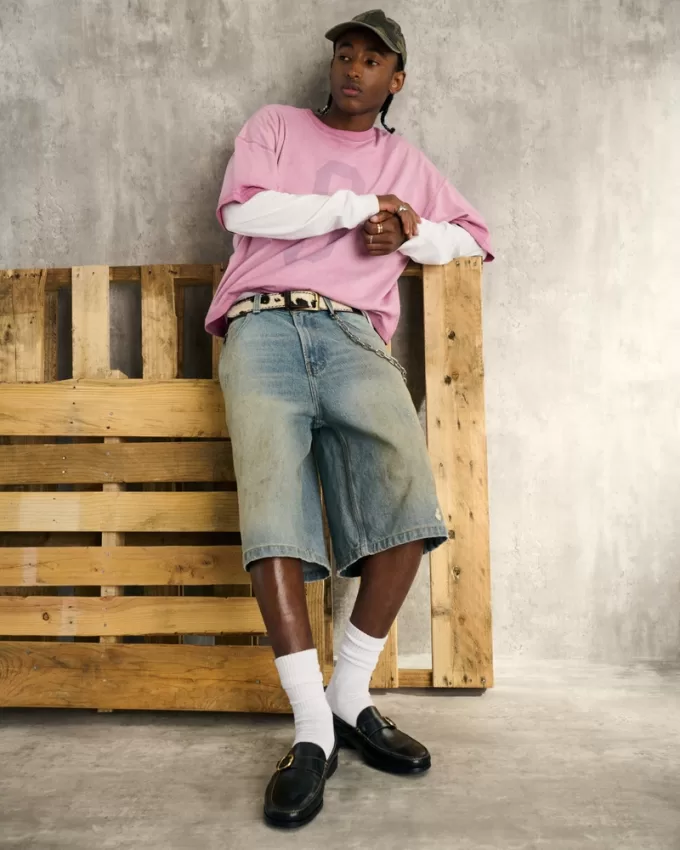 Greased Medium Wash Super Baggy Denim Shorts,Greased Medium Wash Super Baggy Denim Shorts