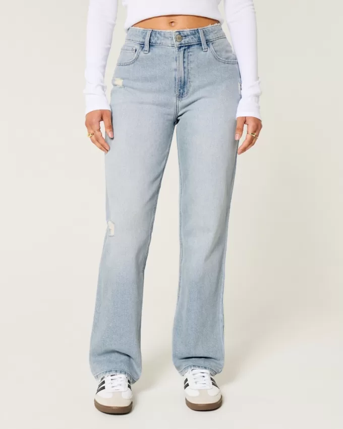 High-Rise Distressed Light Wash Straight Jeans,High-Rise Distressed Light Wash Straight Jeans