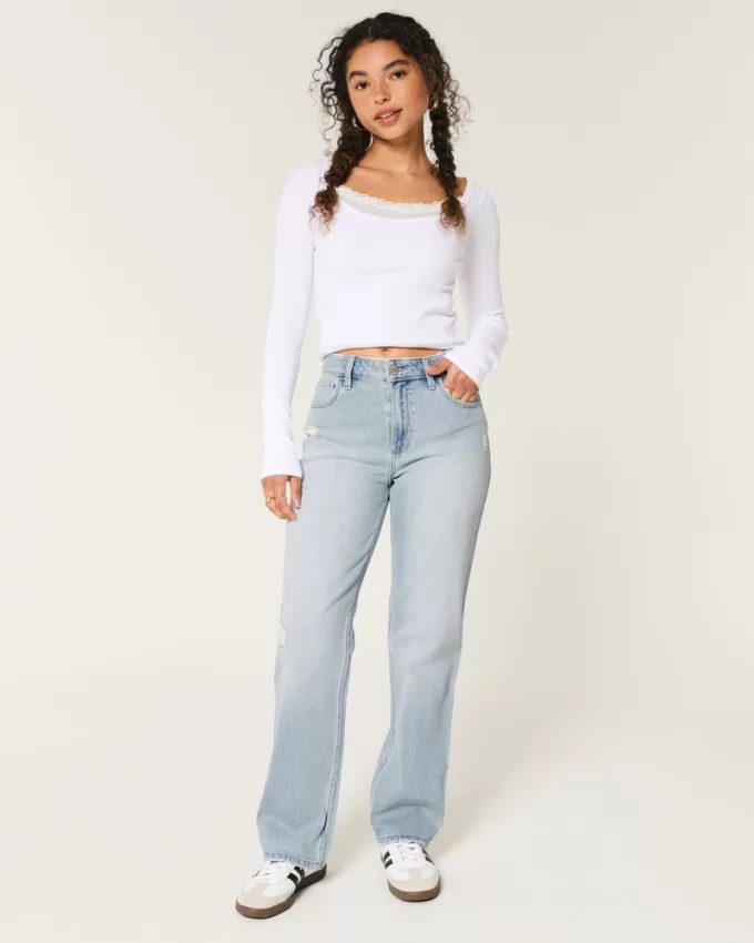 High-Rise Distressed Light Wash Straight Jeans,High-Rise Distressed Light Wash Straight Jeans