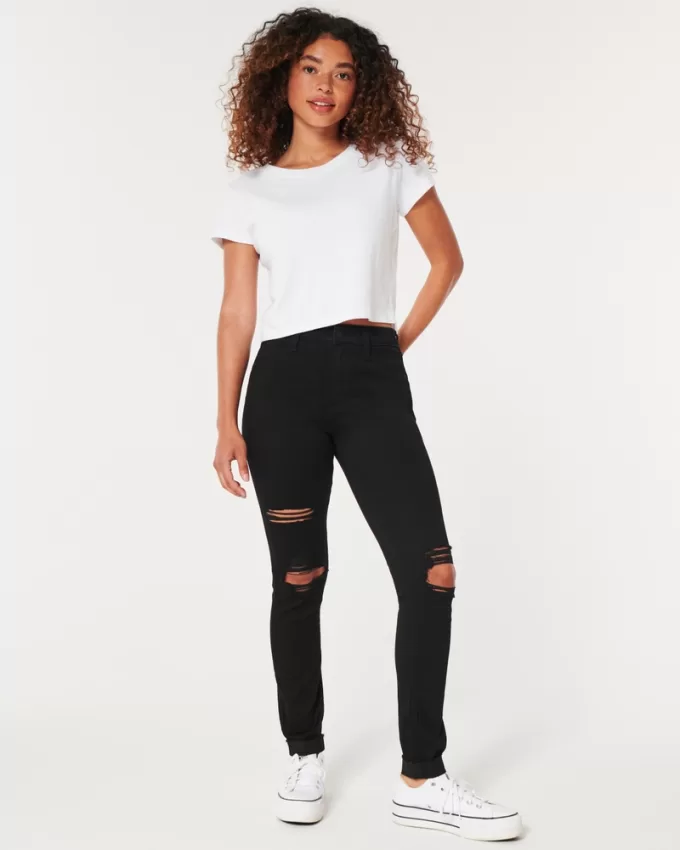 High-Rise Ripped Black Jean Leggings,High-Rise Ripped Black Jean Leggings