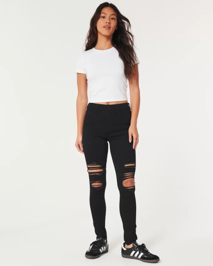 High-Rise Ripped Black Super Skinny Jeans,High-Rise Ripped Black Super Skinny Jeans