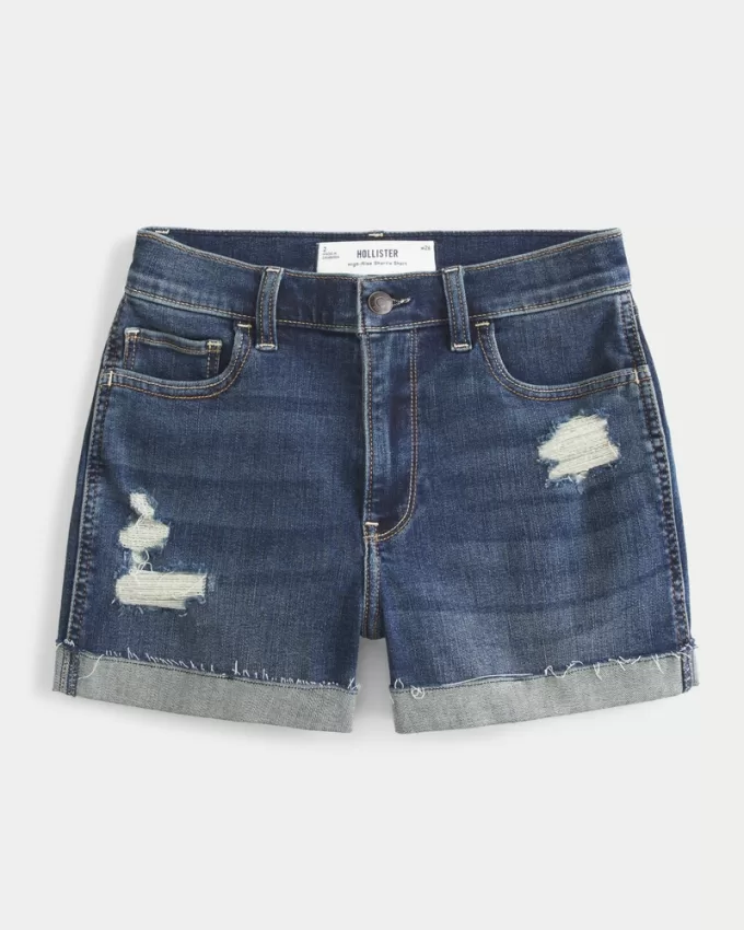 High-Rise Ripped Dark Wash Denim Shortie Shorts,High-Rise Ripped Dark Wash Denim Shortie Shorts