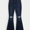 High-Rise Ripped Dark Wash Flare Jeans,High-Rise Ripped Dark Wash Flare Jeans