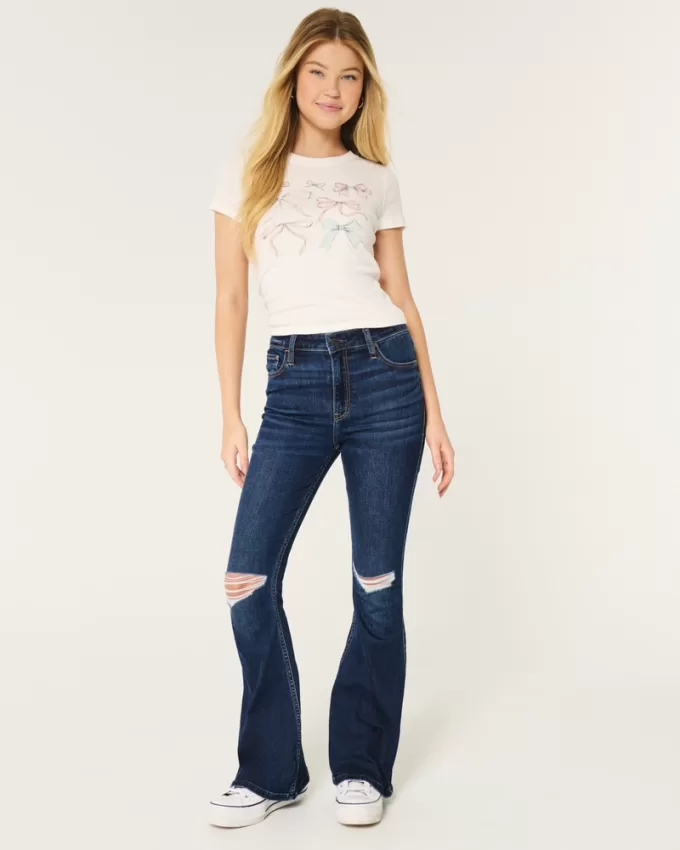 High-Rise Ripped Dark Wash Flare Jeans,High-Rise Ripped Dark Wash Flare Jeans