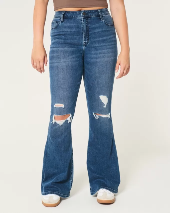 High-Rise Ripped Medium Wash Flare Jeans,High-Rise Ripped Medium Wash Flare Jeans