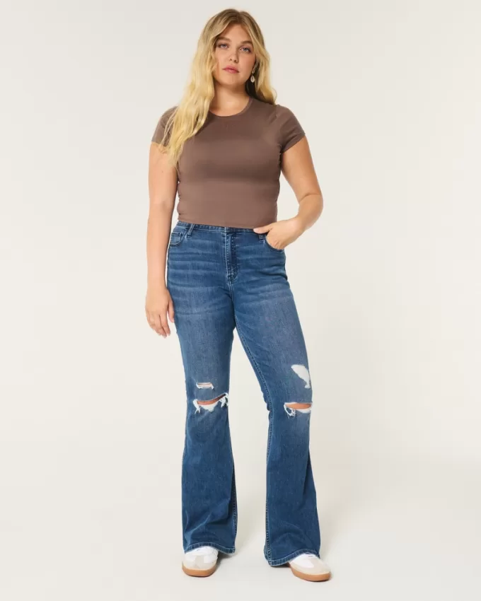 High-Rise Ripped Medium Wash Flare Jeans,High-Rise Ripped Medium Wash Flare Jeans
