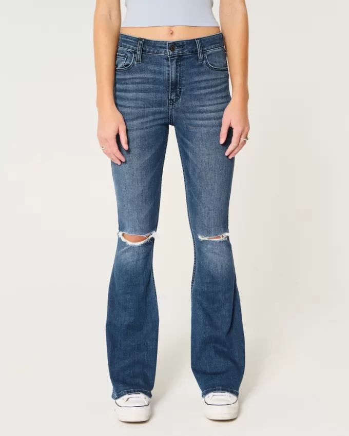 High-Rise Ripped Medium Wash Flare Jeans,High-Rise Ripped Medium Wash Flare Jeans