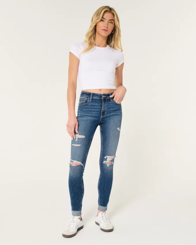 High-Rise Ripped Medium Wash Super Skinny Jeans,High-Rise Ripped Medium Wash Super Skinny Jeans