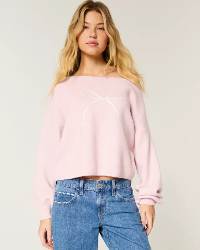 Hollister Comfy Cloud Easy Off-the-Shoulder Bow Graphic Sweater,Hollister Comfy Cloud Easy Off-the-Shoulder Bow Graphic Sweater