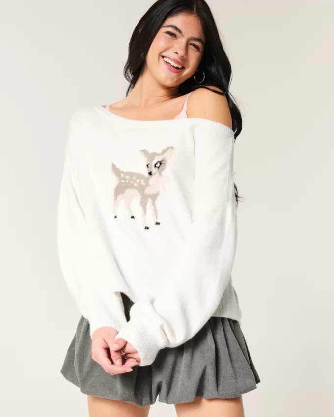 Hollister Comfy Cloud Easy Off-the-Shoulder Deer Graphic Sweater,Hollister Comfy Cloud Easy Off-the-Shoulder Deer Graphic Sweater