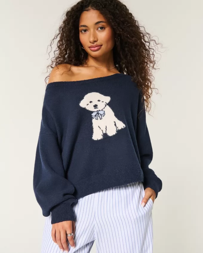 Hollister Comfy Cloud Easy Off-the-Shoulder Puppy Graphic Sweater,Hollister Comfy Cloud Easy Off-the-Shoulder Puppy Graphic Sweater