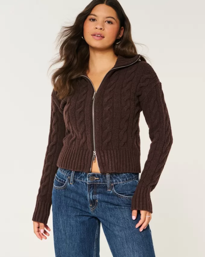 Hollister Comfy Cloud Zip-Up Cable-Knit Sweater,Hollister Comfy Cloud Zip-Up Cable-Knit Sweater