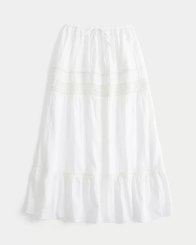 Lace Inset Tiered Maxi Skirt,Lace Inset Tiered Maxi Skirt