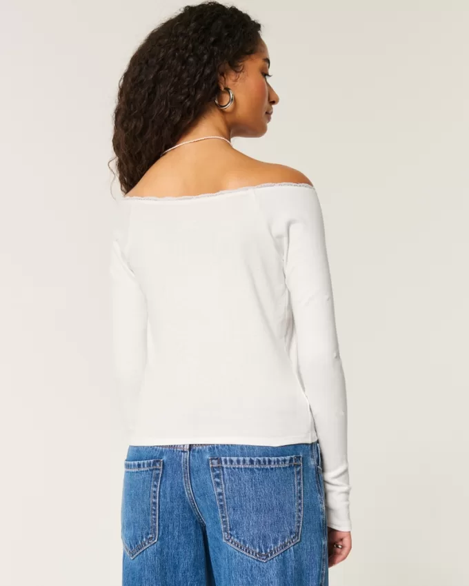 Lace Trim Off-the-Shoulder Montauk Graphic Tee,Lace Trim Off-the-Shoulder Montauk Graphic Tee