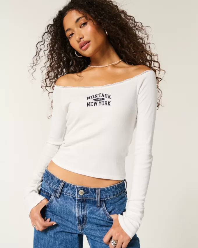 Lace Trim Off-the-Shoulder Montauk Graphic Tee,Lace Trim Off-the-Shoulder Montauk Graphic Tee
