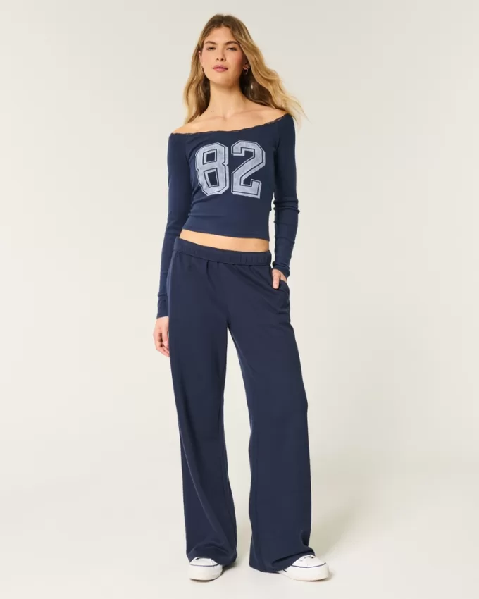 Lace Trim Off-the-Shoulder Number Graphic Tee,Lace Trim Off-the-Shoulder Number Graphic Tee