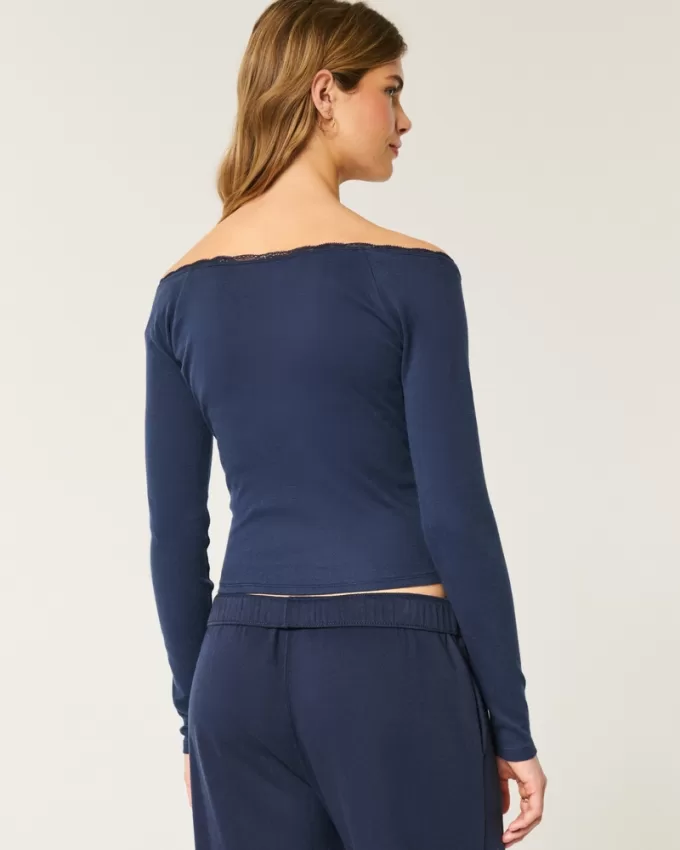 Lace Trim Off-the-Shoulder Number Graphic Tee,Lace Trim Off-the-Shoulder Number Graphic Tee