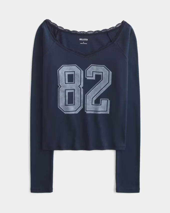 Lace Trim Off-the-Shoulder Number Graphic Tee,Lace Trim Off-the-Shoulder Number Graphic Tee