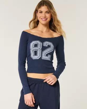 Lace Trim Off-the-Shoulder Number Graphic Tee,Lace Trim Off-the-Shoulder Number Graphic Tee