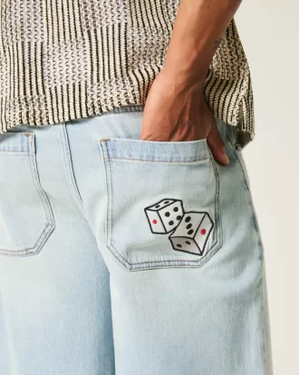 Light Wash Dice Graphic Super Baggy Denim Shorts,Light Wash Dice Graphic Super Baggy Denim Shorts
