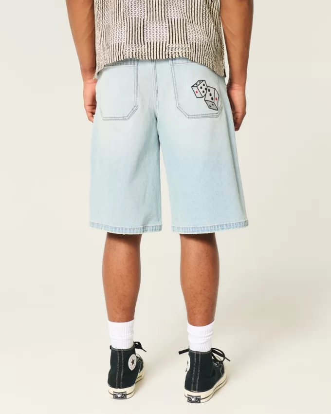 Light Wash Dice Graphic Super Baggy Denim Shorts,Light Wash Dice Graphic Super Baggy Denim Shorts