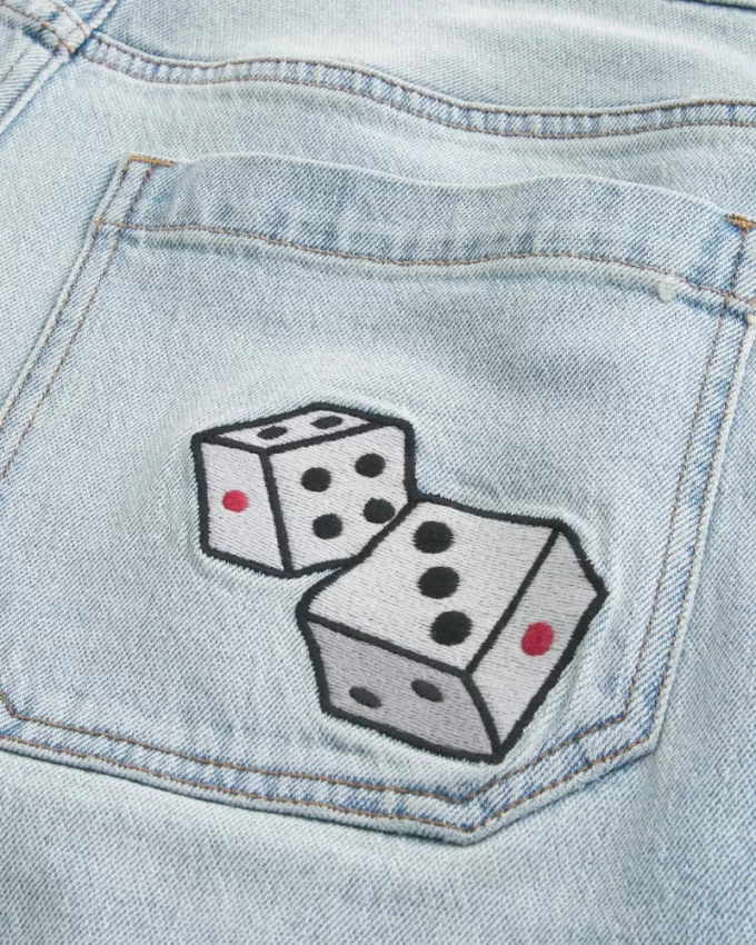 Light Wash Dice Graphic Super Baggy Denim Shorts,Light Wash Dice Graphic Super Baggy Denim Shorts