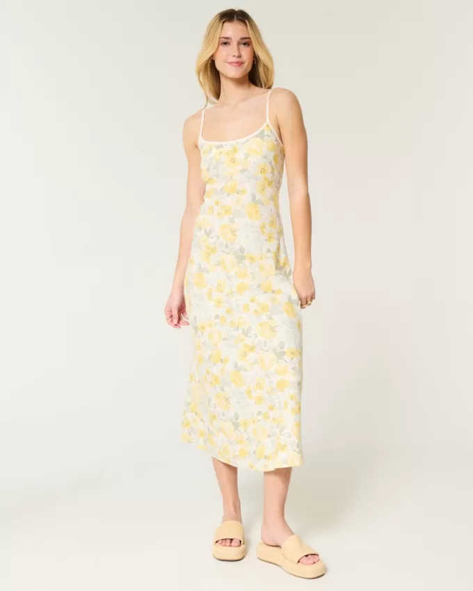 Linen-Blend Open Back Slip Midi Dress,Linen-Blend Open Back Slip Midi Dress