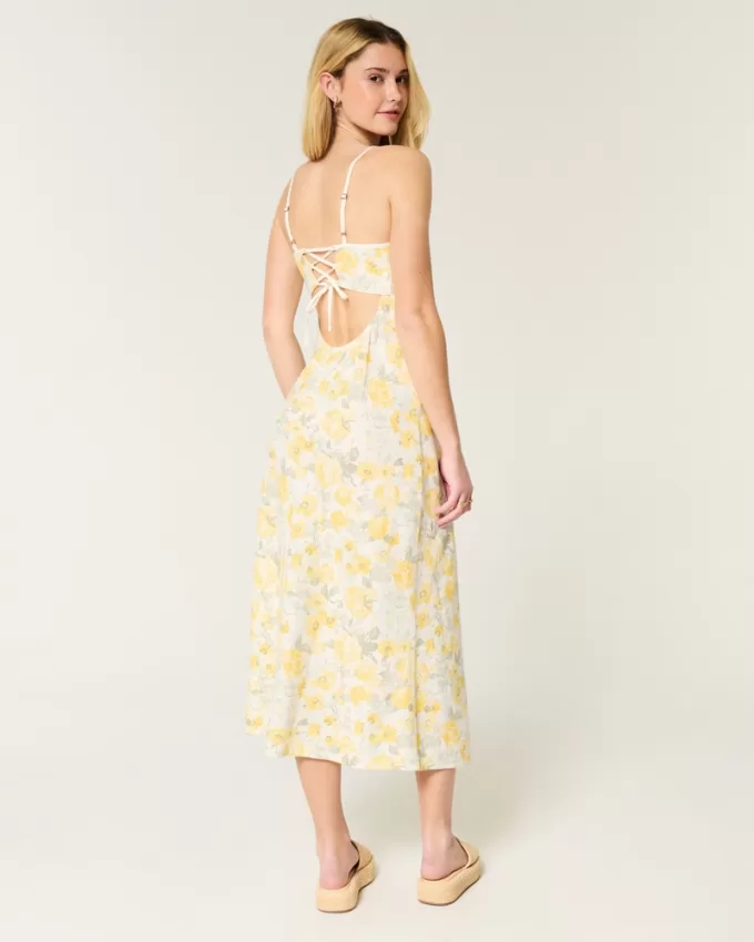 Linen-Blend Open Back Slip Midi Dress,Linen-Blend Open Back Slip Midi Dress