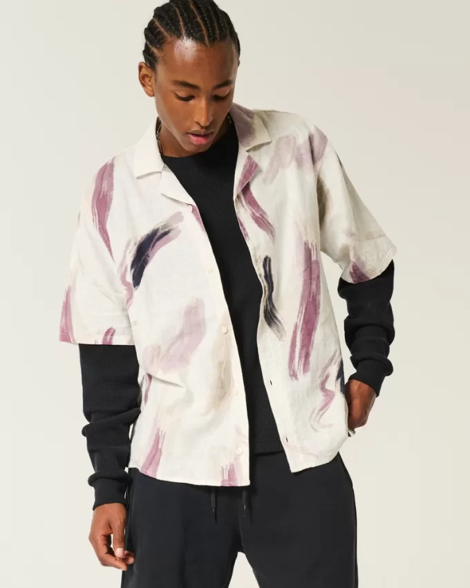 Linen-Blend Short-Sleeve Pattern Shirt,Linen-Blend Short-Sleeve Pattern Shirt Linen-Blend Short-Sleeve Pattern Shirt,Linen-Blend Short-Sleeve Pattern Shirt