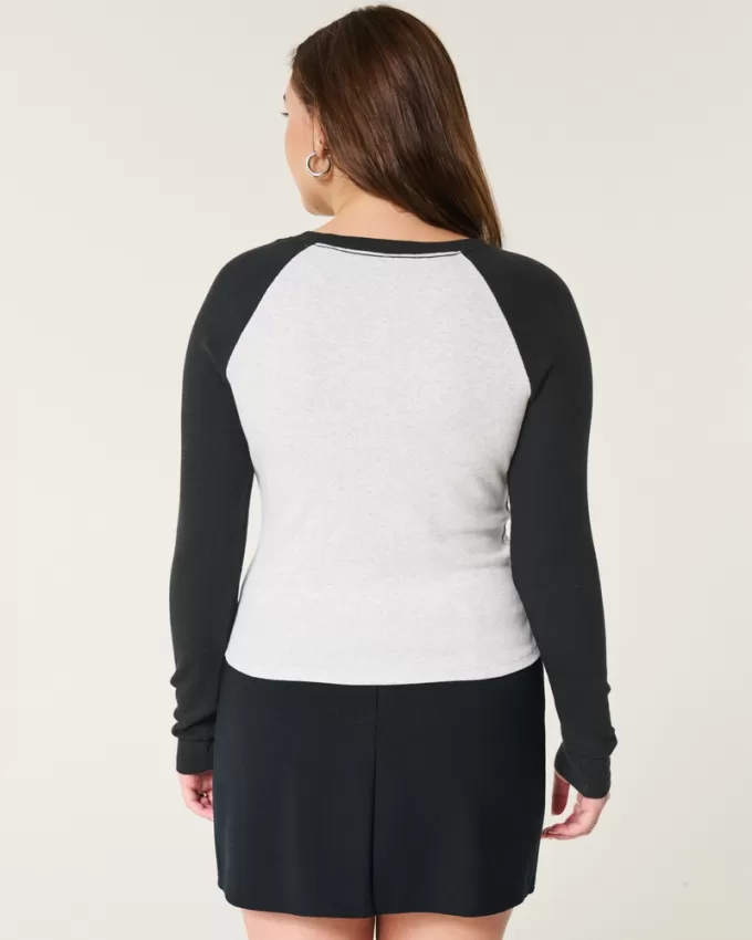 Long-Sleeve Chicago Graphic Notch-Neck Baby Tee,Long-Sleeve Chicago Graphic Notch-Neck Baby Tee