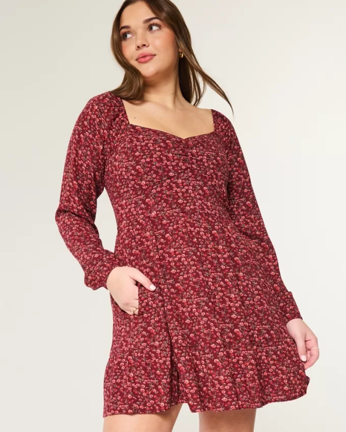 Long-Sleeve Cinch Bust Mini Dress,Long-Sleeve Cinch Bust Mini Dress