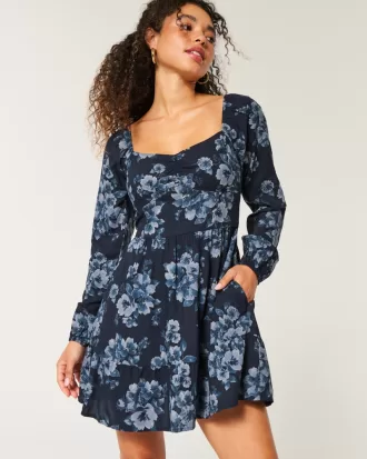 Long-Sleeve Cinch Bust Mini Dress,Long-Sleeve Cinch Bust Mini Dress