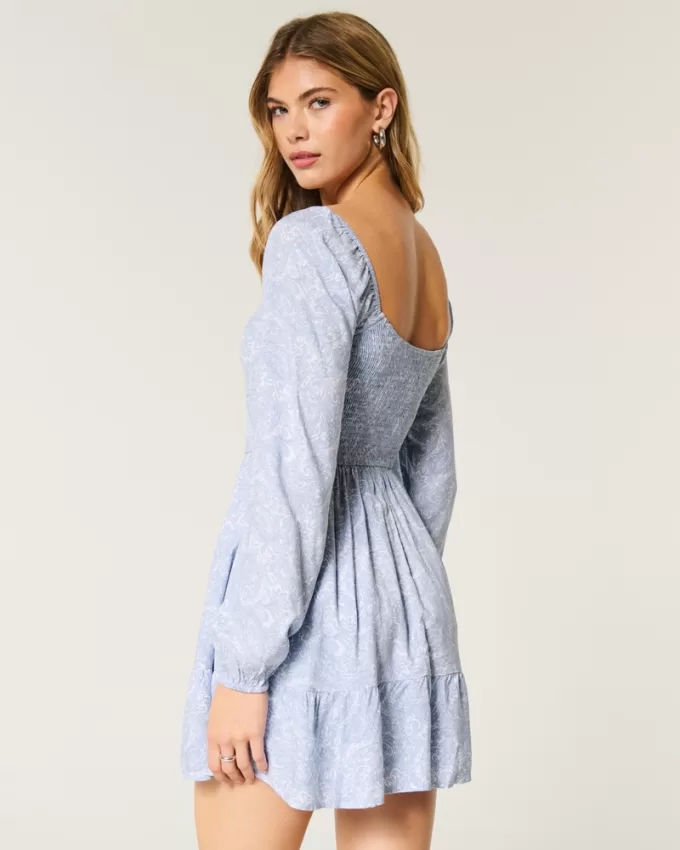 Long-Sleeve Cinch Bust Mini Dress,Long-Sleeve Cinch Bust Mini Dress