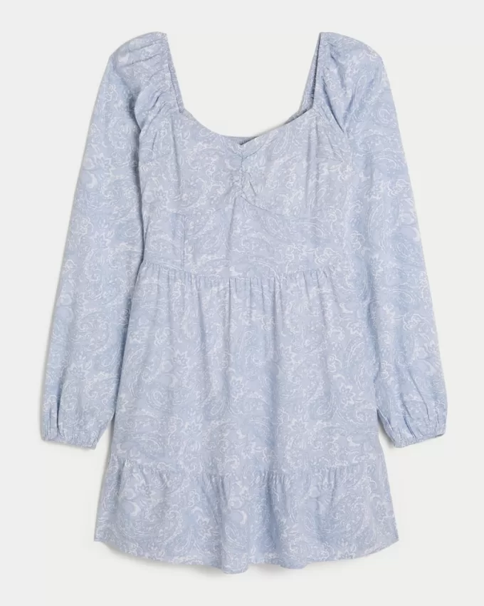 Long-Sleeve Cinch Bust Mini Dress,Long-Sleeve Cinch Bust Mini Dress