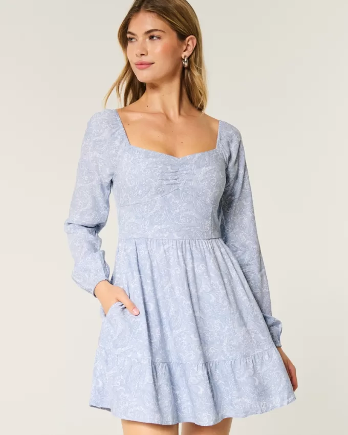 Long-Sleeve Cinch Bust Mini Dress,Long-Sleeve Cinch Bust Mini Dress