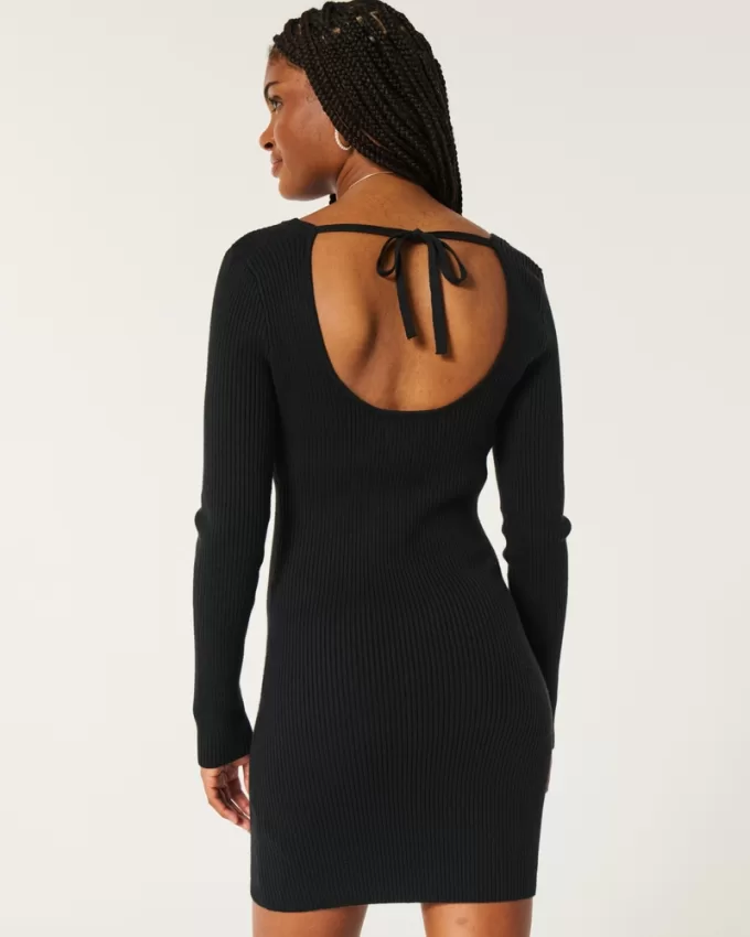 Long-Sleeve Cinch Bust Open-Back Sweater Dress,Long-Sleeve Cinch Bust Open-Back Sweater Dress