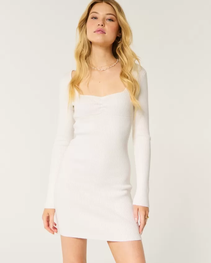 Long-Sleeve Cinch Bust Open-Back Sweater Dress,Long-Sleeve Cinch Bust Open-Back Sweater Dress