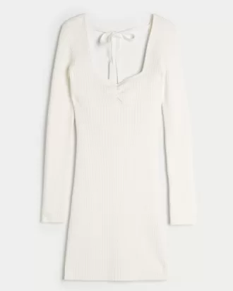 Long-Sleeve Cinch Bust Open-Back Sweater Dress,Long-Sleeve Cinch Bust Open-Back Sweater Dress