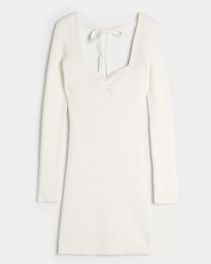 Long-Sleeve Cinch Bust Open-Back Sweater Dress,Long-Sleeve Cinch Bust Open-Back Sweater Dress