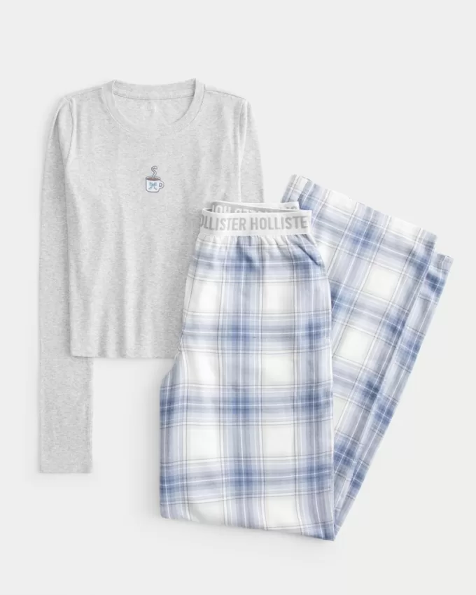 Long-Sleeve Graphic Tee & Flannel Pajama Pants Set,Long-Sleeve Graphic Tee & Flannel Pajama Pants Set