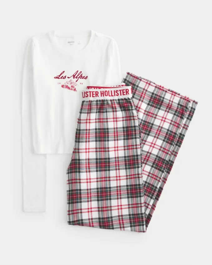 Long-Sleeve Graphic Tee & Flannel Pajama Pants Set,Long-Sleeve Graphic Tee & Flannel Pajama Pants Set