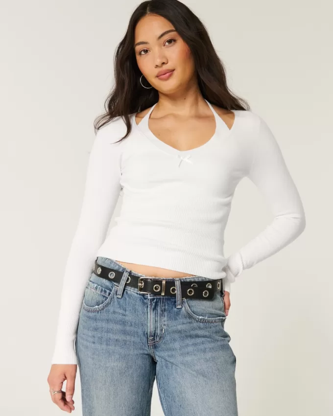 Long-Sleeve Halter Tie Sweater,Long-Sleeve Halter Tie Sweater