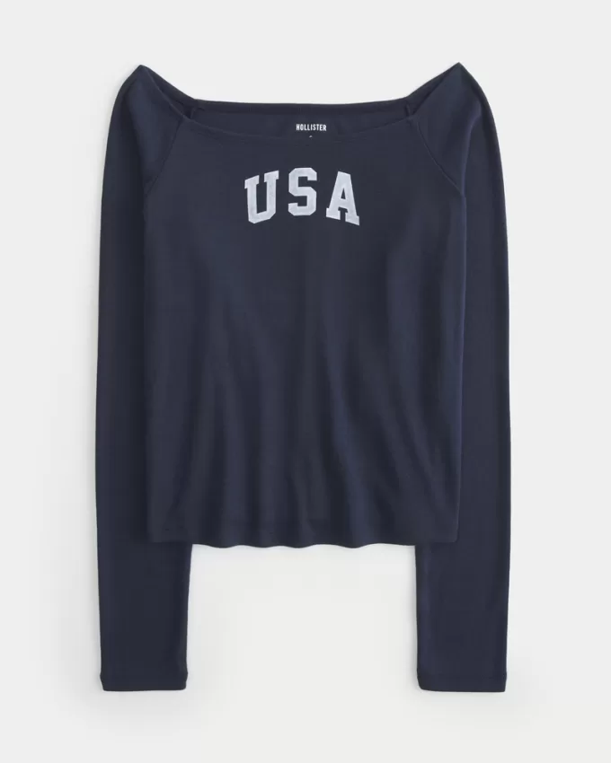 Long-Sleeve Off-the-Shoulder USA Graphic Baby Tee,Long-Sleeve Off-the-Shoulder USA Graphic Baby Tee