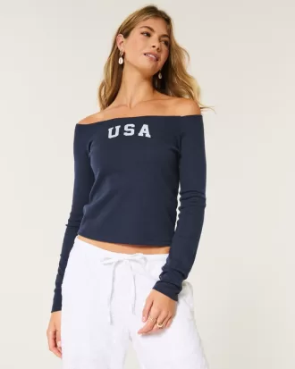 Long-Sleeve Off-the-Shoulder USA Graphic Baby Tee,Long-Sleeve Off-the-Shoulder USA Graphic Baby Tee