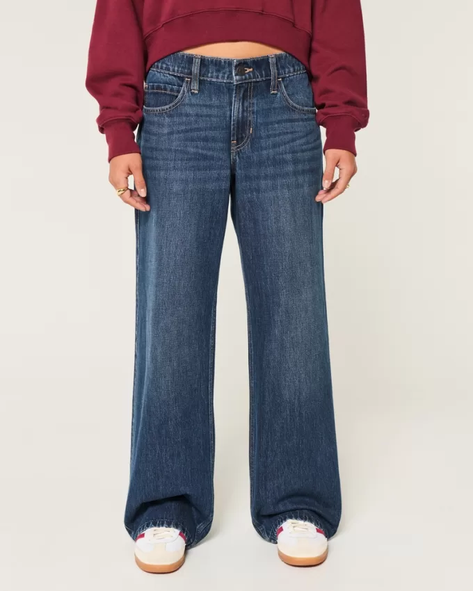 Low-Rise Dark Wash Comfort Waistband Baggy Jeans,Low-Rise Dark Wash Comfort Waistband Baggy Jeans