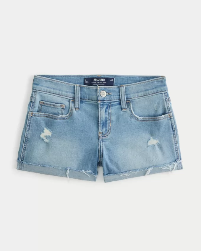 Low-Rise Distressed Light Wash Denim Shorts,Low-Rise Distressed Light Wash Denim Shorts