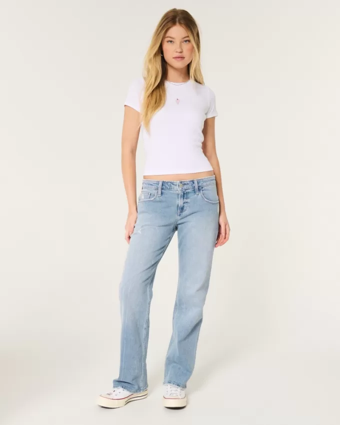 Low-Rise Distressed Medium Wash Relaxed Straight Jeans,Low-Rise Distressed Medium Wash Relaxed Straight Jeans